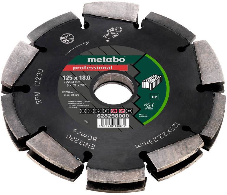 Kreissägeblatt aus Metall mit Metabo-Logo, 125x18 mm, geeignet für Betonarbeiten bei 12.200 U/min.