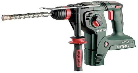 Akkubohrmaschine mit SDS-Bohrer, Marke 'metabo', grünes Gehäuse, rot-schwarze Details.