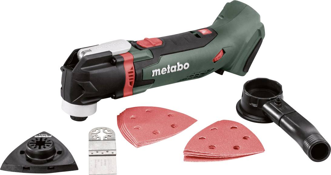 Ein multifunktionales Elektrowerkzeug von Metabo, umgeben von Zubehörteilen wie Schleifpapieren und einem Sägeblatt, auf weißem Hintergrund.