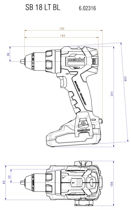 Technische Zeichnung einer Metabo-Akkubohrmaschine, dargestellt in Seiten- und Draufsicht mit Abmessungen in Millimetern.