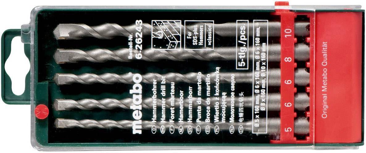 Metallbohrer-Set von Metabo in einer grünen Verpackung mit roten Halterungen. Enthält fünf Bohrer in verschiedenen Größen von 5-10 mm.