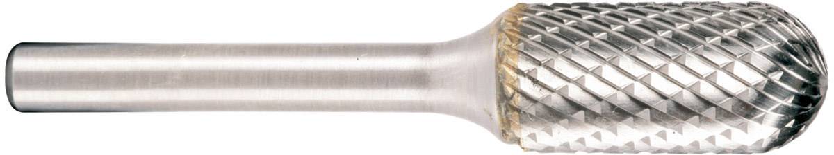 Ein zylindrischer Metallfräser mit diamantförmigen Mustern auf der Schneidfläche und glattem Schaft.