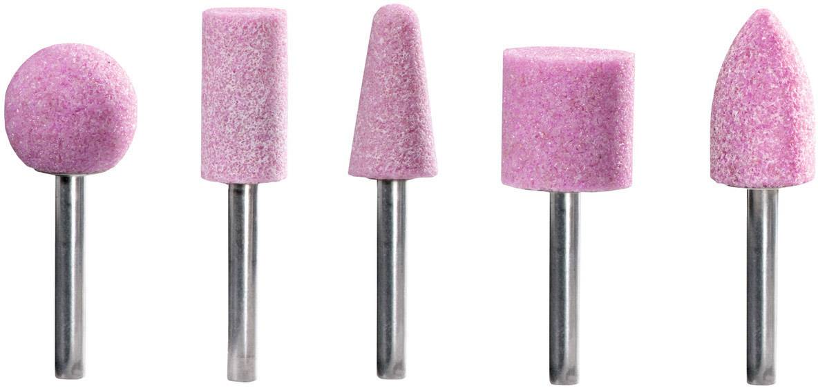 Fünf rosa Schleifaufsätze mit metallischen Stielen, jeweils in unterschiedlicher Form: kugelig, rechteckig, spitz, zylindrisch, kegelförmig.