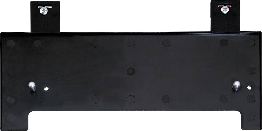 Schwarze Metallplatte mit zwei hervorstehenden Befestigungsklipsen und mehreren Bohrlöchern. Dient zur Wandmontage von Elektronikbauteilen.
