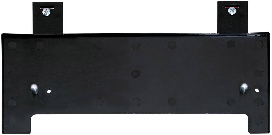 Schwarze Metallplatte mit zwei hervorstehenden Befestigungsklipsen und mehreren Bohrlöchern. Dient zur Wandmontage von Elektronikbauteilen.