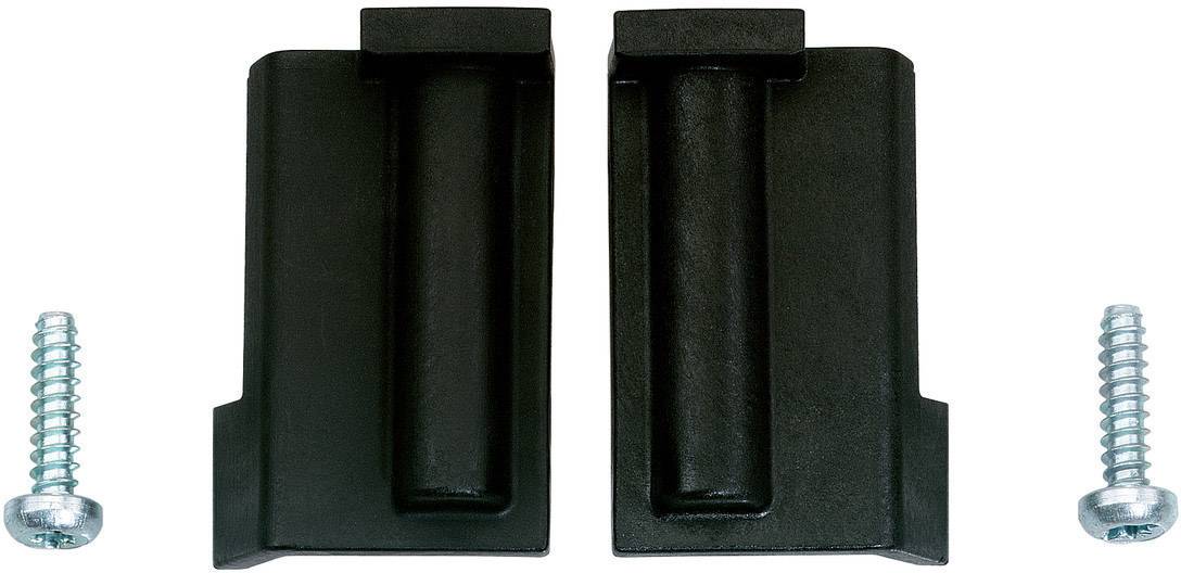 Schwarze Wandhalterungen mit zwei silbernen Schrauben, zur Befestigung an einer Oberfläche.