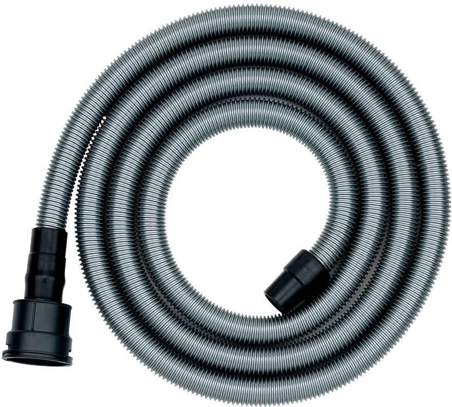 Ein gerippter Saugschlauch aus grauem Kunststoff, spiralförmig gewickelt, mit schwarzen Anschlüssen an beiden Enden.