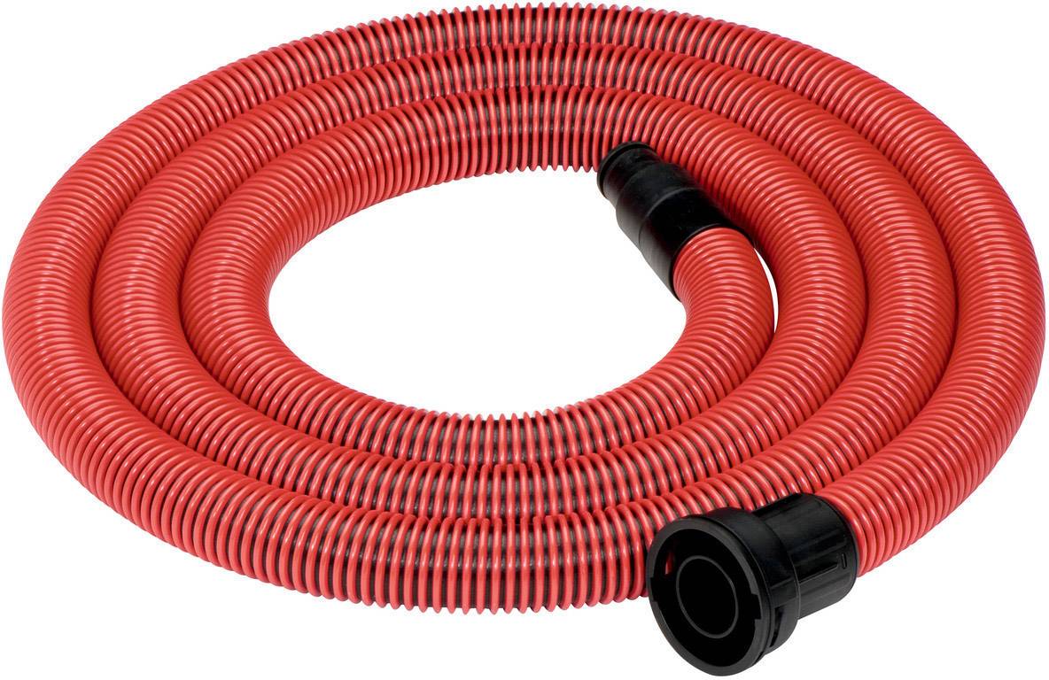 Roter Spiralschlauch mit schwarzen Anschlüssen, zusammengewickelt. Verwendet für Transport von Flüssigkeiten oder Luft.