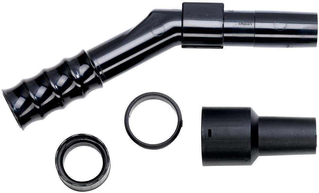 Schwarze Kunststoffrohraufsätze und Adapterteile für Staubsauger, einschließlich eines gebogenen Rohrs, zweier Düsen und eines Verbinders.