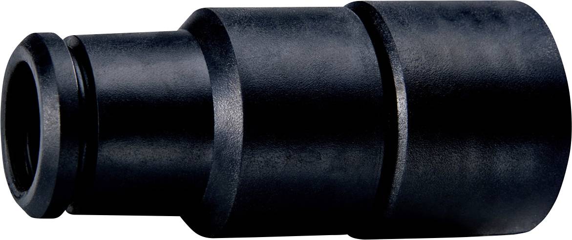 Ein schwarzer Metalladapter, zylindrisch geformt, mit mehreren Stufen in seinem Design.