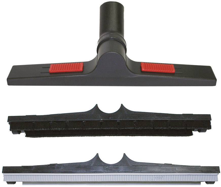 Staubsaugerdüse mit zwei abnehmbaren Einsätzen: einer mit Bürsten und einer mit einem Gummistreifen, zum Reinigen verschiedener Oberflächen.