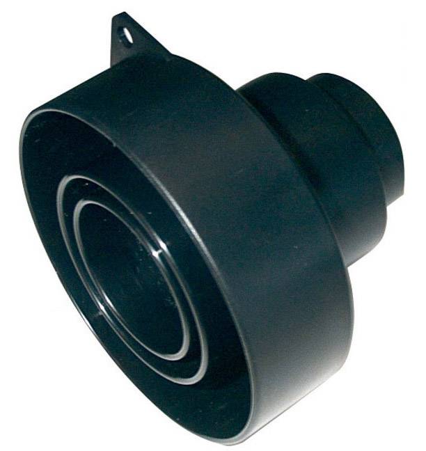 Ein schwarzes Kunststoffteil mit zylindrischer Form und mehreren Rillen, vermutlich ein mechanisches Bauteil oder Gehäuseteil.