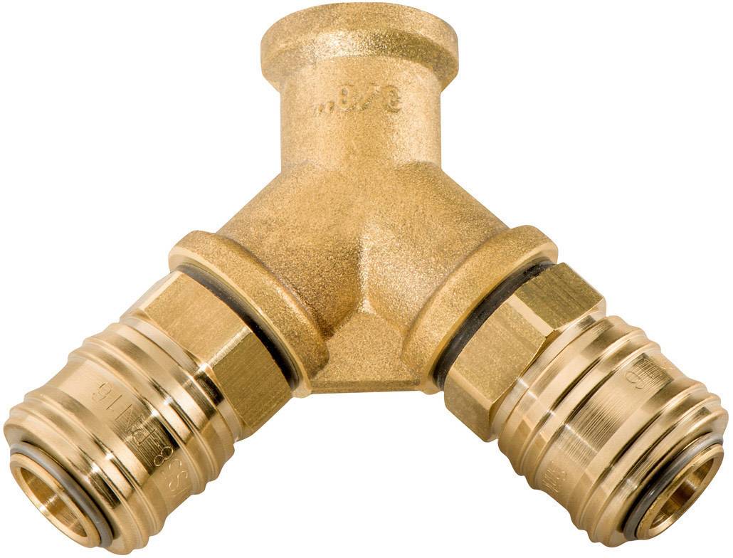 Ein Y-förmiger Messinganschluss, wahrscheinlich ein Rohrverbinder, mit zwei nach außen zeigenden Gewindeenden und einem Einlass oben.