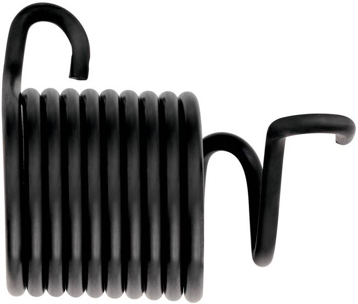 Eine schwarze Spiralfeder, die fest gewickelt ist, mit zwei gebogenen Enden. Die Feder ist aus Metall und hat eine kompakte Form.