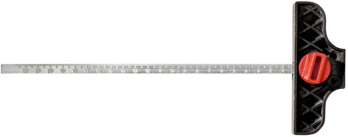T-Profil-Werkzeug mit schwarzer Griffleiste und rot markierter Befestigung, verbunden mit einer metallischen, linearen Messskala.