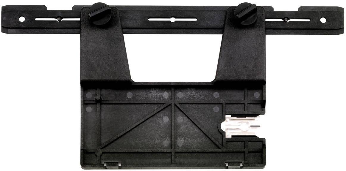 Ein schwarzes, rechteckiges Montagemodul mit zwei verstellbaren Schrauben oben und einem unteren Fach für elektrische Anschlüsse.