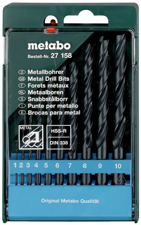 Metabo-Metallbohrersatz in einem grünen Kunststoffkoffer mit sortierten HSS-R-Bohrern in den Größen 1 bis 10.