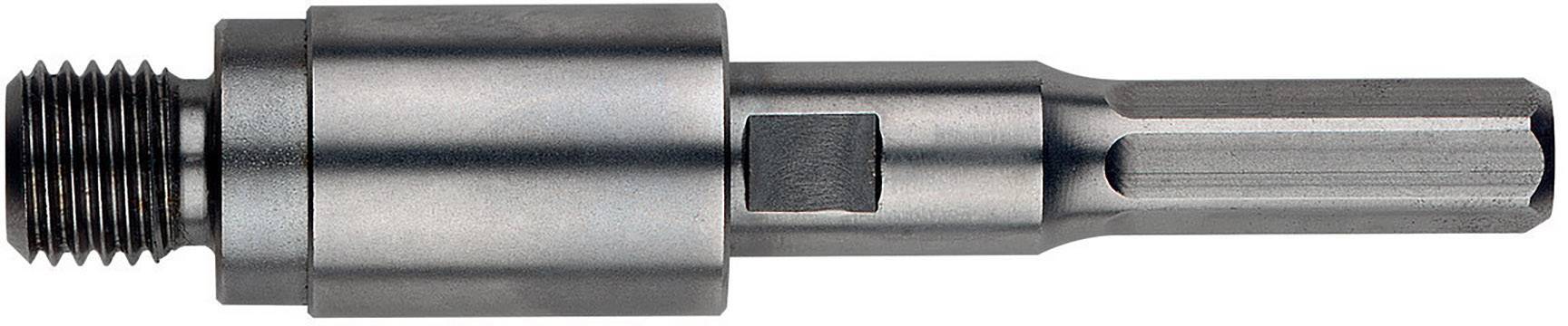 Ein Metallbohrfutteradapter mit Gewinde links und einem SDS-Schaft rechts, geeignet zur Verbindung eines Bohrfutters mit einem SDS-Bohrhammer.