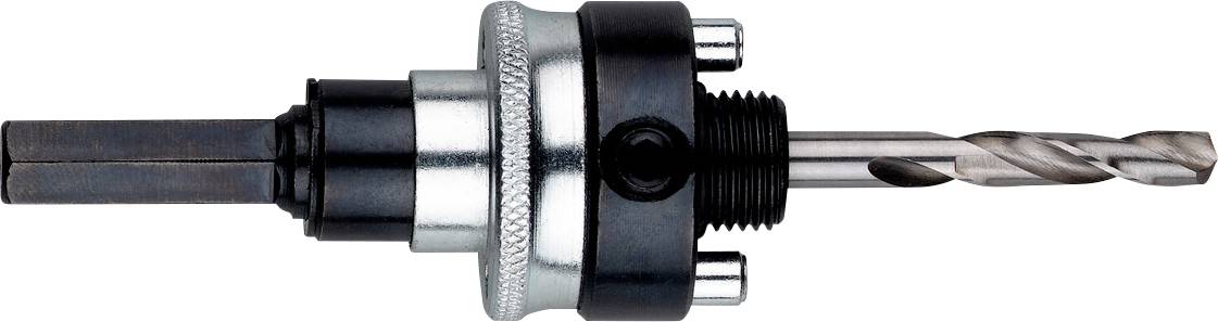 Bohrkronenhalterung mit eingesetztem Spiralbohrer, aus Metall und Kunststoffen, für Bohr- und Schneidanwendungen geeignet.