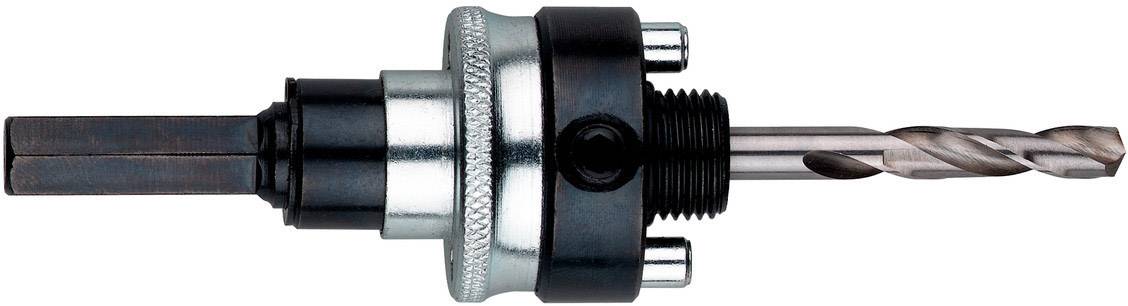 Bohrkronenhalterung mit eingesetztem Spiralbohrer, aus Metall und Kunststoffen, für Bohr- und Schneidanwendungen geeignet.