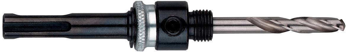 Nahaufnahme eines Bohrkronenadapters mit eingesetztem Bohrer, Stahl, schraubförmige Rillen, geeignet für präzises Bohren auf hartem Material.