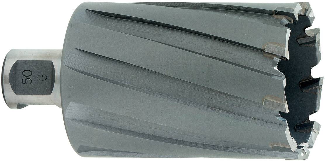 Ein metallischer Lochsägebohrer mit zylindrischem Körper und scharfen Schneidezähnen, geeignet für den Einsatz in Bohraufsätzen.