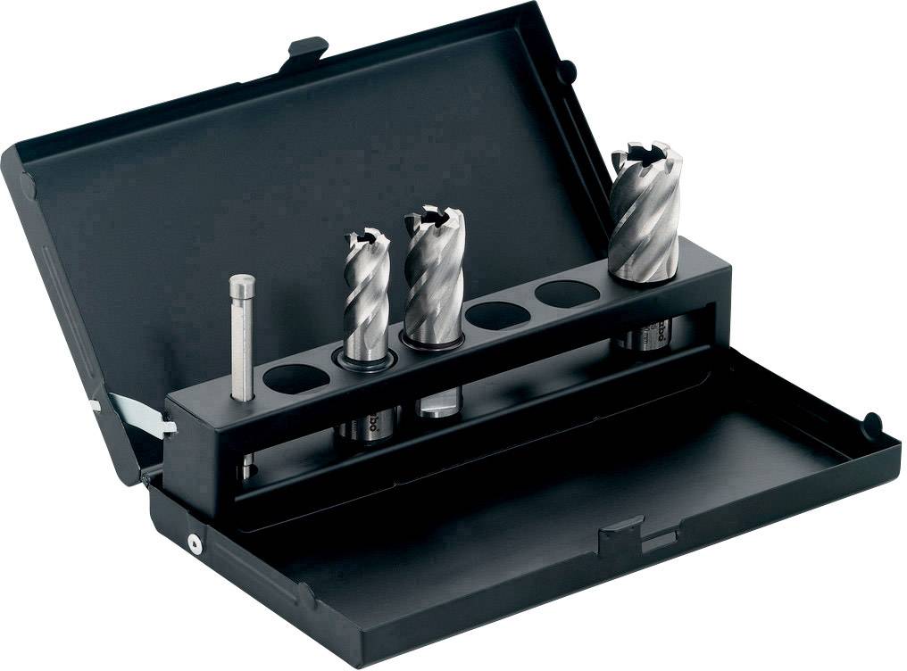 Bohrer-Set in offener schwarzer Metallbox mit vier Spiralbohrern unterschiedlicher Größe, aufrecht in Halterungen.