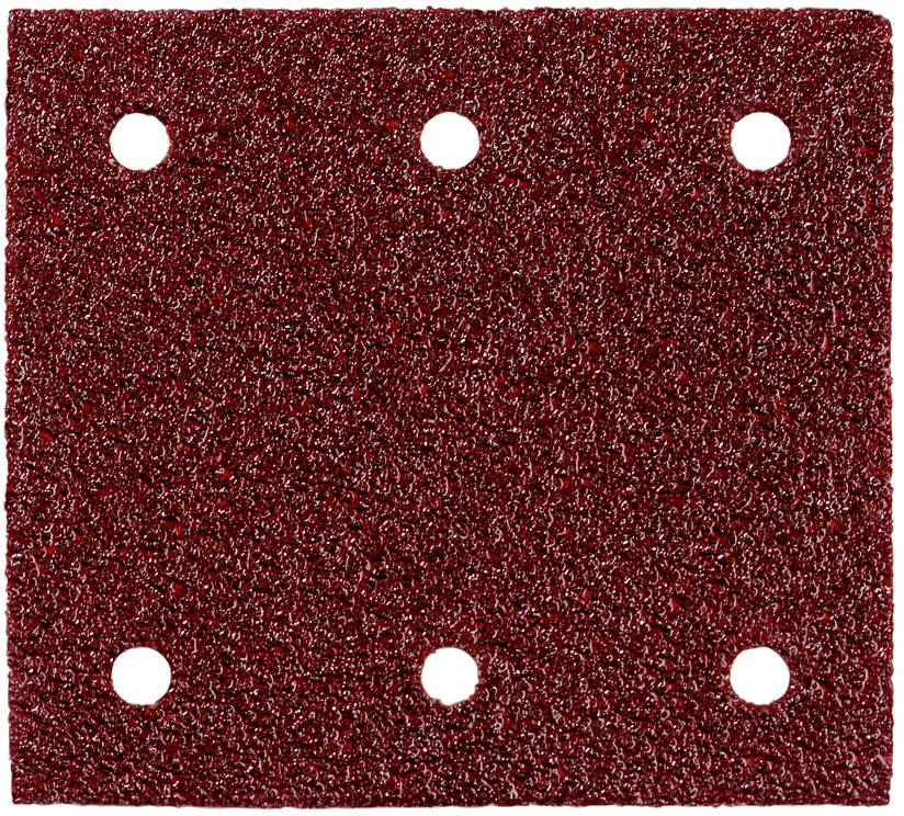 Rotes Schleifpapier mit Schleifmittelbelag und sechs gestanzten Löchern, dargestellt als Nahaufnahme-Produktbild.