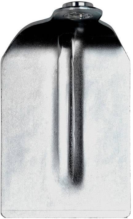 Ein silbernes Metallblech mit einer gebogenen Kante und einem Schraubloch oben.