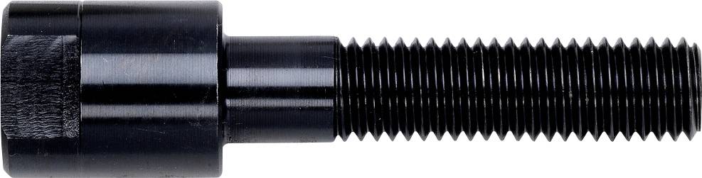 Ein schwarzer, metallischer Sechskantschraubenkopf mit langem, gerilltem Gewinde, horizontal ausgerichtet.