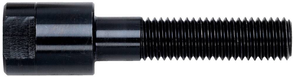 Ein schwarzer, metallischer Sechskantschraubenkopf mit langem, gerilltem Gewinde, horizontal ausgerichtet.