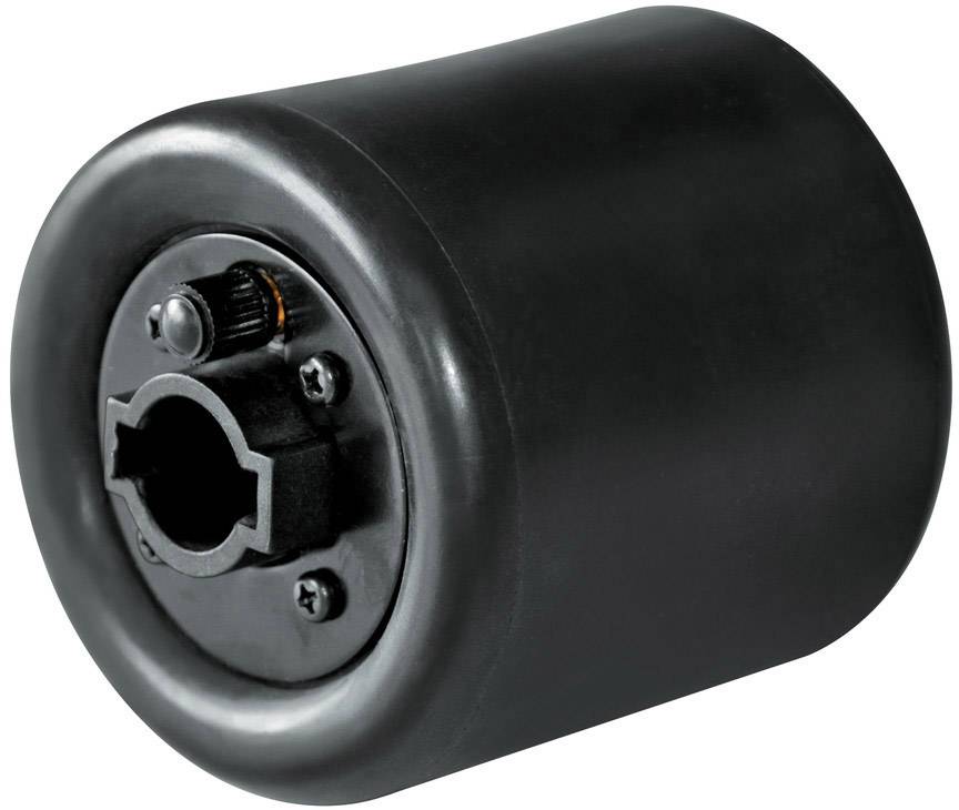 Schwarzes Rad mit zentralem Bolzen und Zylinderform, das für mechanische oder elektronische Geräte verwendet werden könnte.