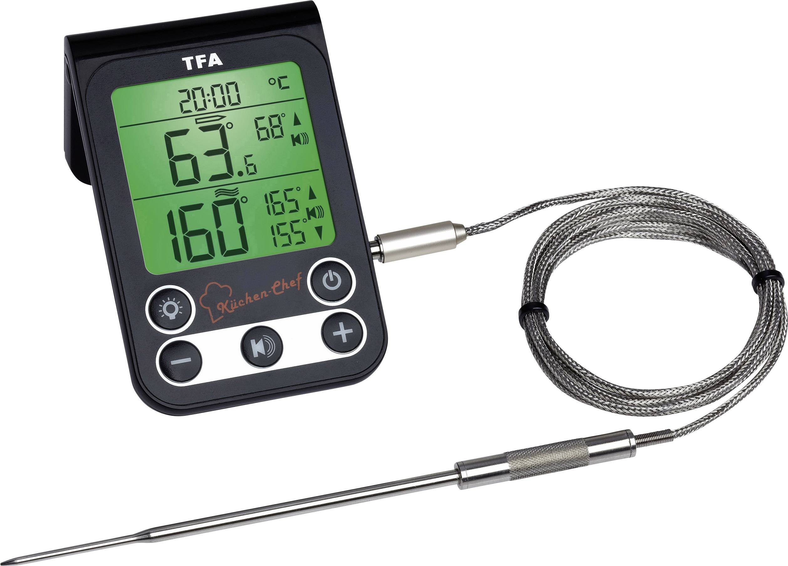 Digitales Küchenthermometer mit Sonde und Display, zeigt aktuelle und Zieltemperatur an. Ideal zum Überwachen von Garvorgängen.