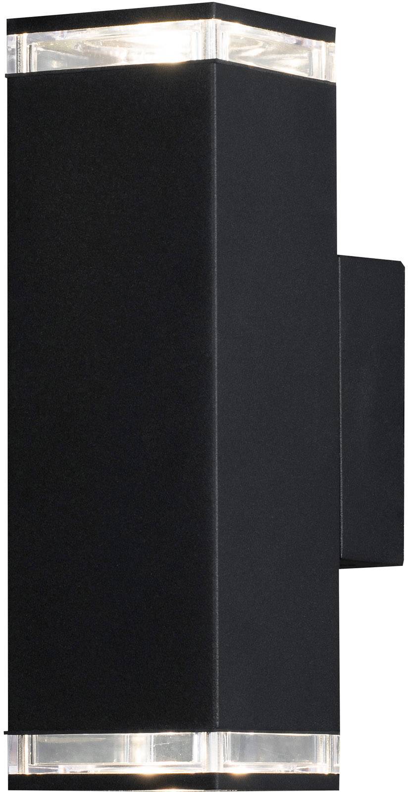 Schwarze Außenleuchte mit zylindrischem Design und transparenten Enden. Sie leuchtet sowohl nach oben als auch nach unten.
