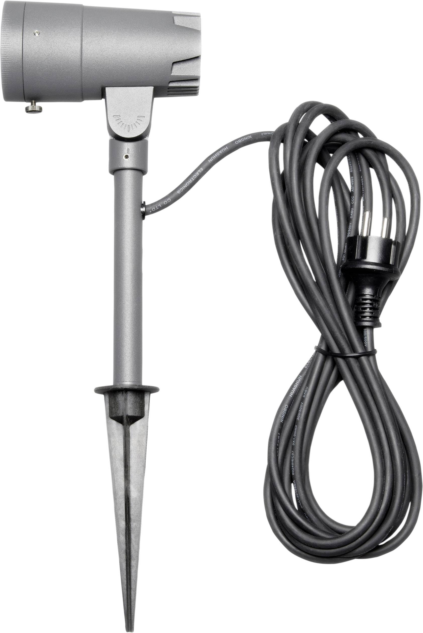 Graue Außenlampe mit Erdspieß und langem Stromkabel. Ideal zur Beleuchtung von Gärten oder Gehwegen.