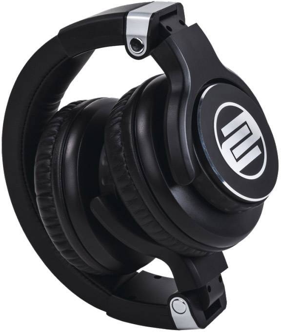 Schwarze Over-Ear-Kopfhörer, zusammengeklappt, mit silbernen Akzenten und einem markanten Logo auf der Außenseite der Ohrmuscheln.