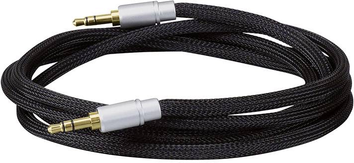 Ein schwarzes Audiokabel mit goldenen 3,5-mm-Steckern an beiden Enden, für die Verbindung von Geräten.