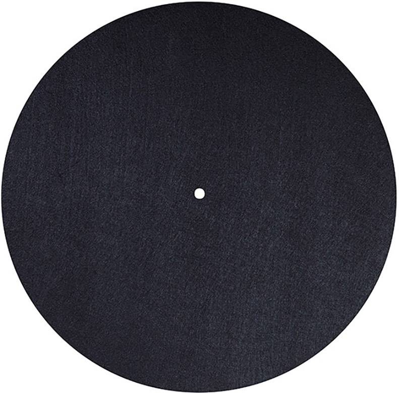Schwarze, runde Plattentellermatte mit zentralem Loch, verwendet für den Schutz von Schallplatten und zur Verbesserung der Klangqualität.