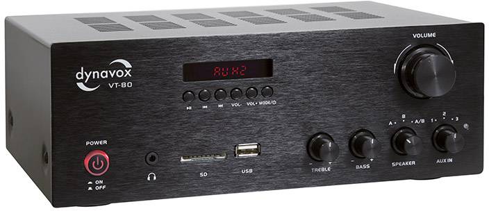 Schwarzer Dynavox VT-80 Verstärker mit Drehreglern für Lautstärke, Höhen, Bässe und Eingänge, kleines LED-Display oben links.