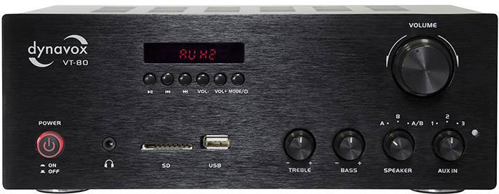 Schwarzer Verstärker mit Lautstärkeregler, Eingangsdisplay 'Aux 1', Power- und EQ-Kontrollen für Bass, Lautsprecher und Aux-Eingang.