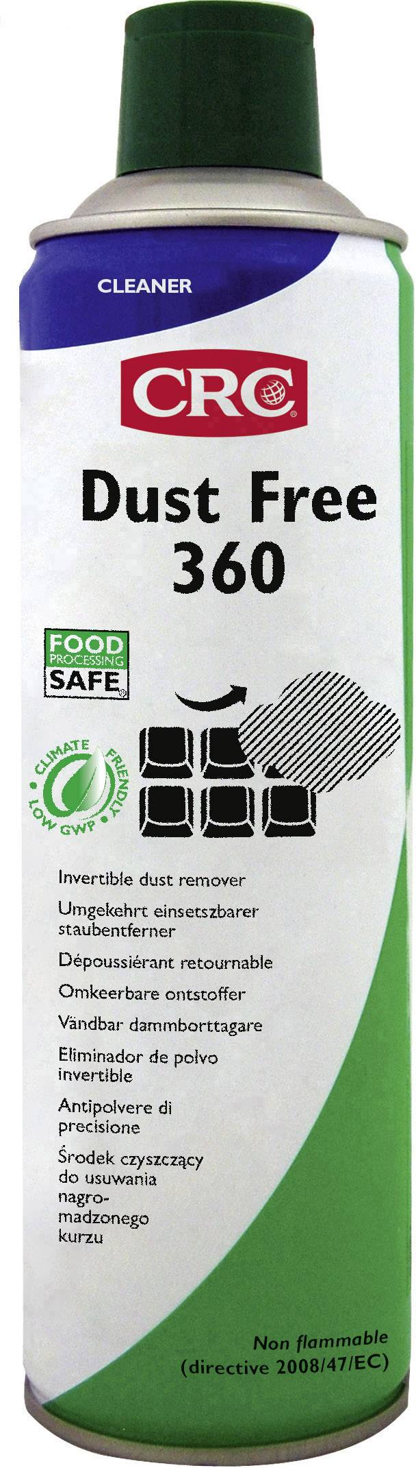 Spraydose mit der Aufschrift 'CRC Dust Free 360', geeignet zum Entfernen von Staub, lebensmittelsicher. Liegend oder aufrecht anwendbar.