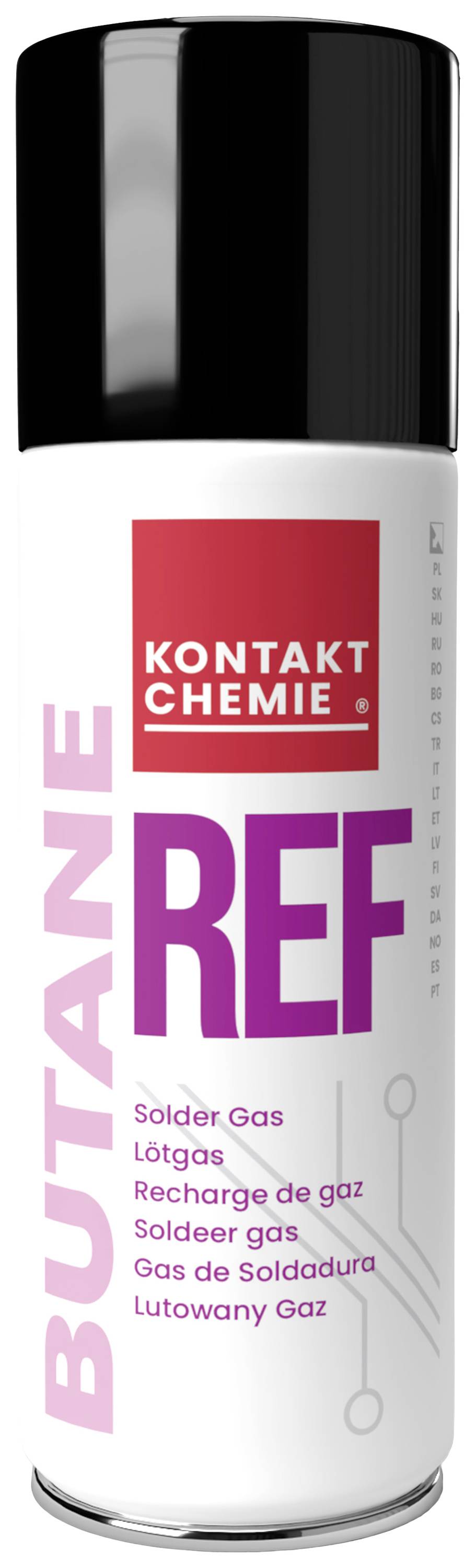 'Butane REF' Spraydose von Kontakt Chemie, verwendet als Lötlötgas. Schwarzer Deckel, weiße Flasche mit lila Schrift.