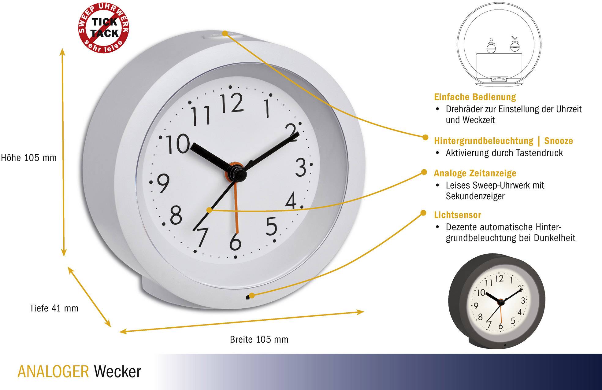 TFA Dostmann 60.1029.02 Quarz Wecker Weiß Alarmzeiten 1 Leisegang-Uhrwerk