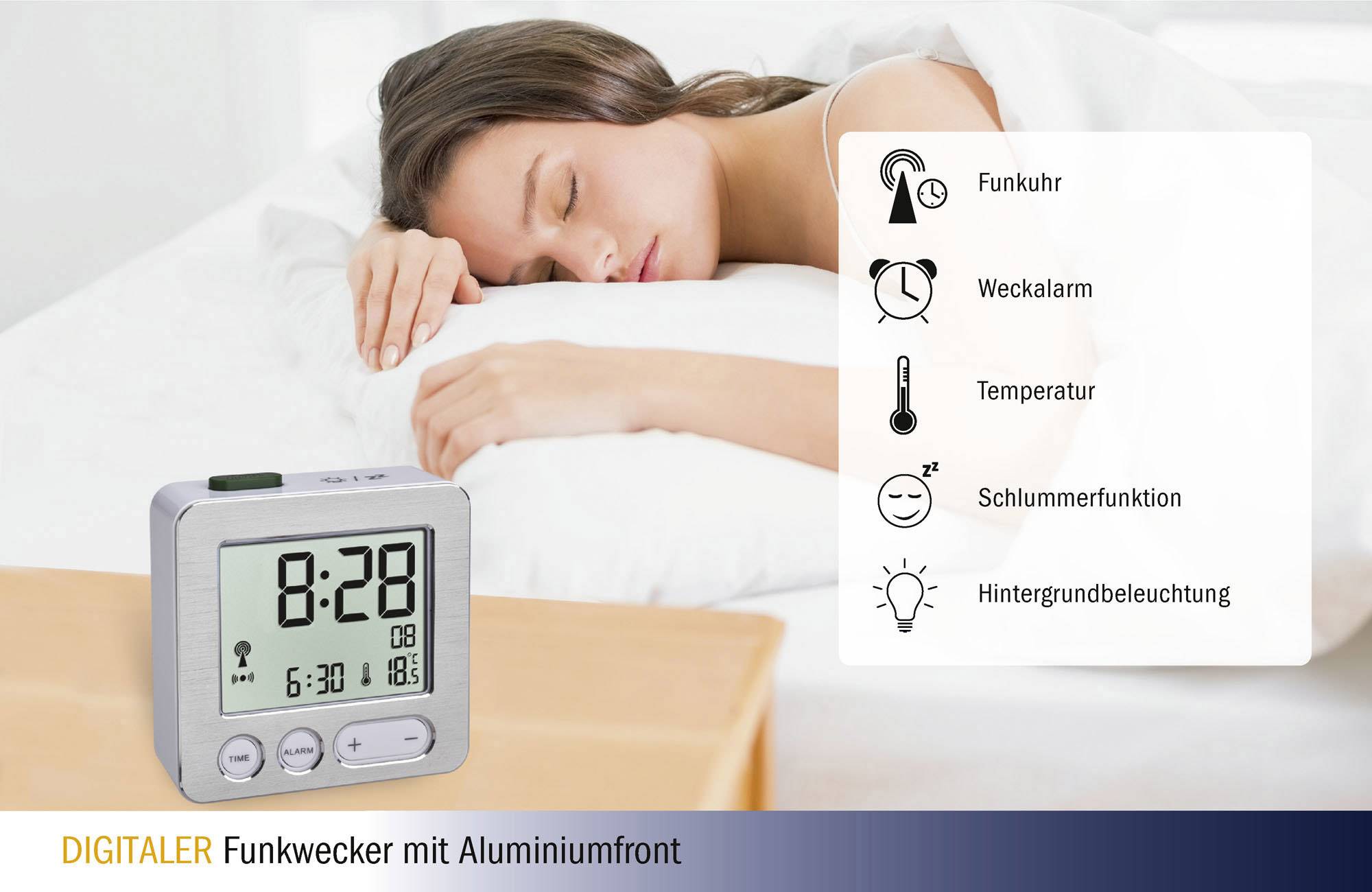 TFA Dostmann 60.2545.54 Funk Wecker Silber, Aluminium (gebürstet) Alarmzeiten 1