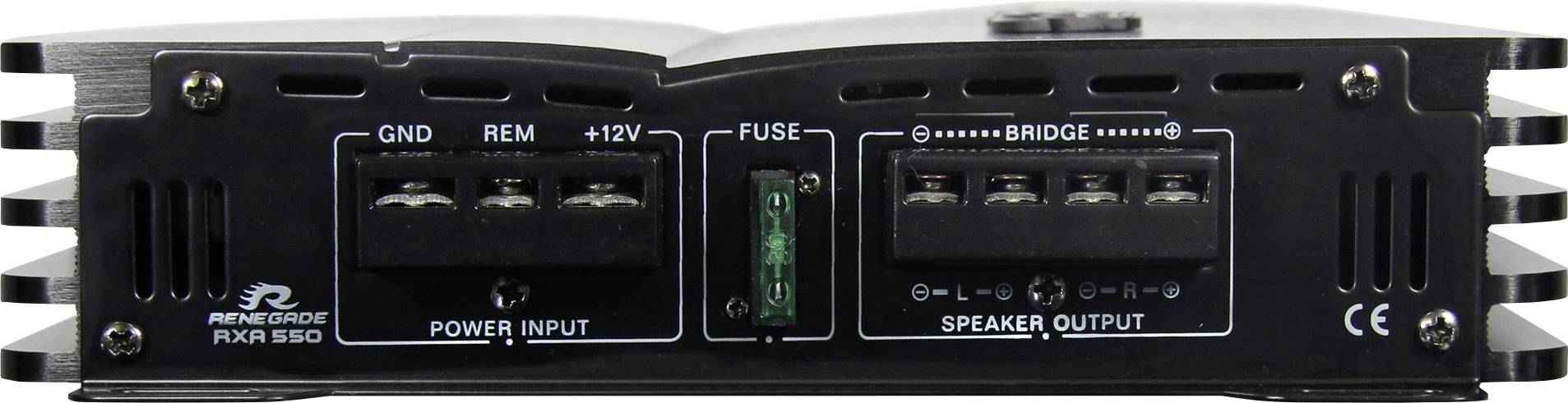Auto-Verstärker-Rückseite mit Anschlüssen: Stromanschlüsse ('GND', 'REM', '+12V'), Sicherung in der Mitte, Lautsprecherausgänge rechts.