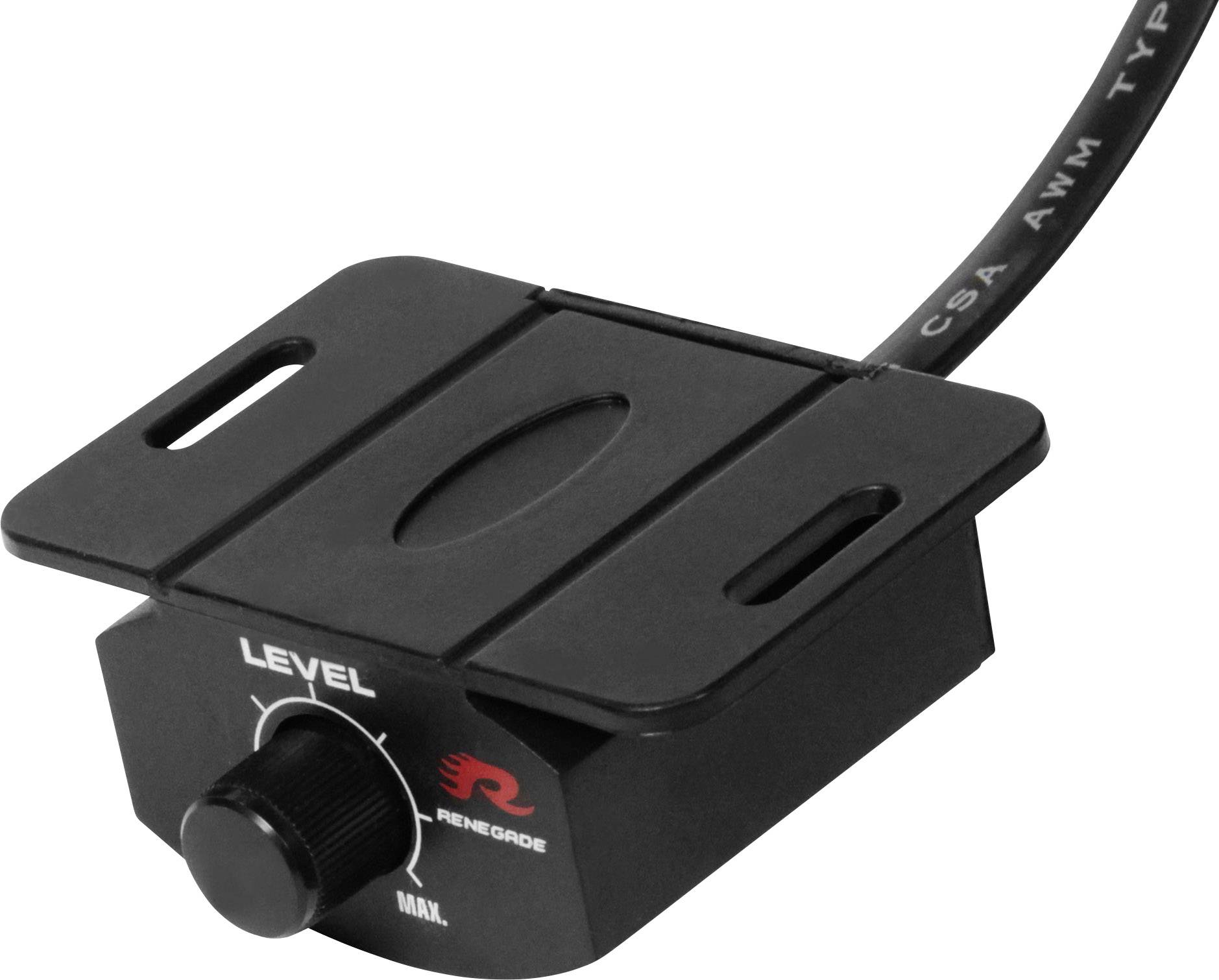 Schwarzer Lautstärkeregler mit Kabel, beschriftet mit 'LEVEL' und Logo in Rot. Regler zeigt von MIN zu MAX.