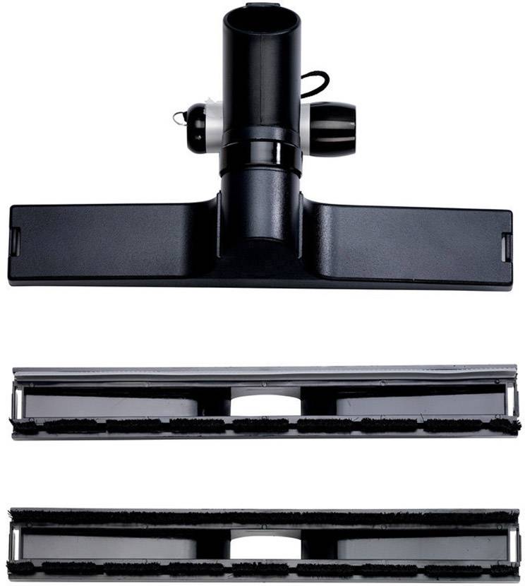 Schwarze Bodendüse für Staubsauger, mit zwei separaten Bürsteneinsätzen darunter. Ideal für verschiedene Bodenarten geeignet.