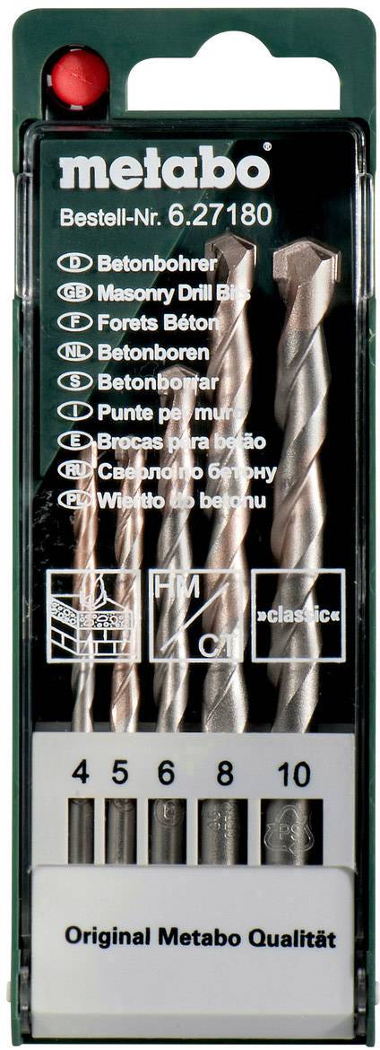 'Metabo' Bohrersatz aus Betonbohrern, Größen 4 bis 10, mit Bestell-Nr. 6.27180. Enthält Bilder und Texte in mehreren Sprachen.