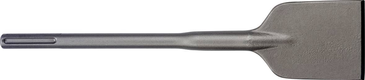 Ein Metallspatenbohrer mit langem Schaft und flacher, schaufelförmiger Spitze, auf weißem Hintergrund dargestellt.