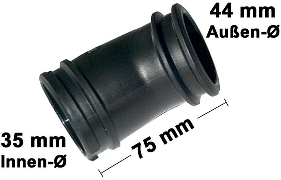 Ein schwarzer Rohrverbinder mit Abmessungen: 75 mm Länge, 44 mm Außen-Ø, 35 mm Innen-Ø.